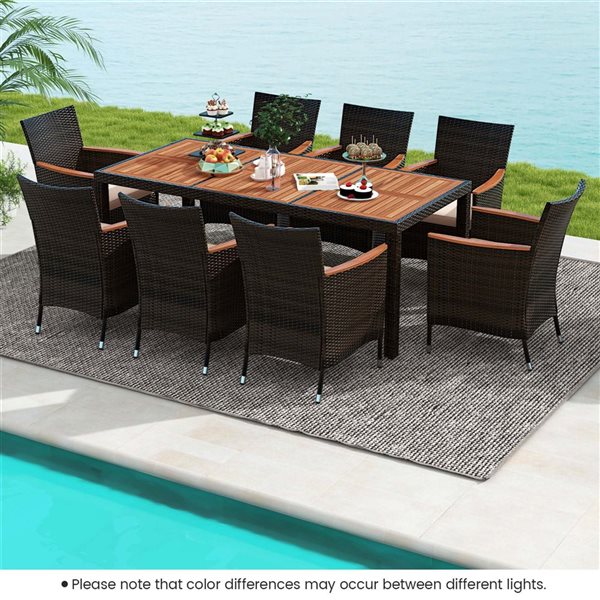 Costway 9 Piece Acacia Wood and Black Wicker Outdoor Dining Set w Umbrella Hole and Cushions Chairs