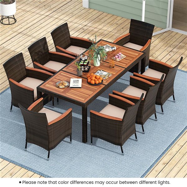 Costway 9-Piece Acacia Wood and Black Wicker Outdoor Dining Set w/ Umbrella Hole and Cushions Chairs