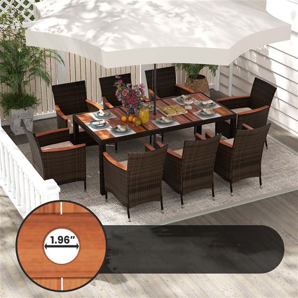 Costway 9-Piece Acacia Wood and Black Wicker Outdoor Dining Set w/ Umbrella Hole and Cushions Chairs