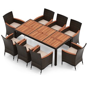 Costway 9-Piece Acacia Wood and Black Wicker Outdoor Dining Set w/ Umbrella Hole and Cushions Chairs