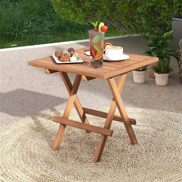 Costway 20-in Teak Wood Slatted Top Folding Patio Side Table