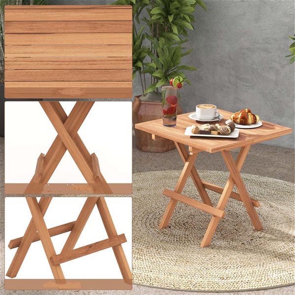 Costway 20-in Teak Wood Slatted Top Folding Patio Side Table