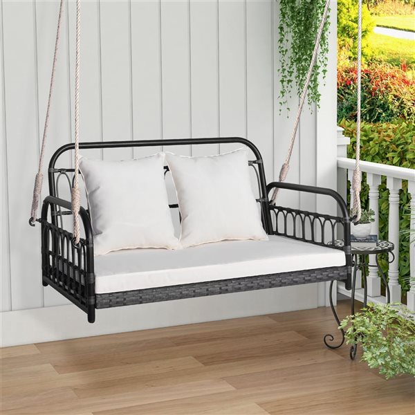 Costway 2-Seater Black Wicker Hanging Patio Swing Chair w/Off-white Cushion