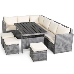 Costway 7-Piece White Patio Rattan Sectional Sofa Set w/ Table and Ottoman