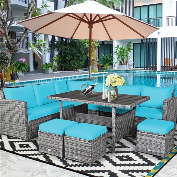 Costway 7-Piece Turquoise Patio Rattan Sectional Sofa Set w/ Table and Ottoman