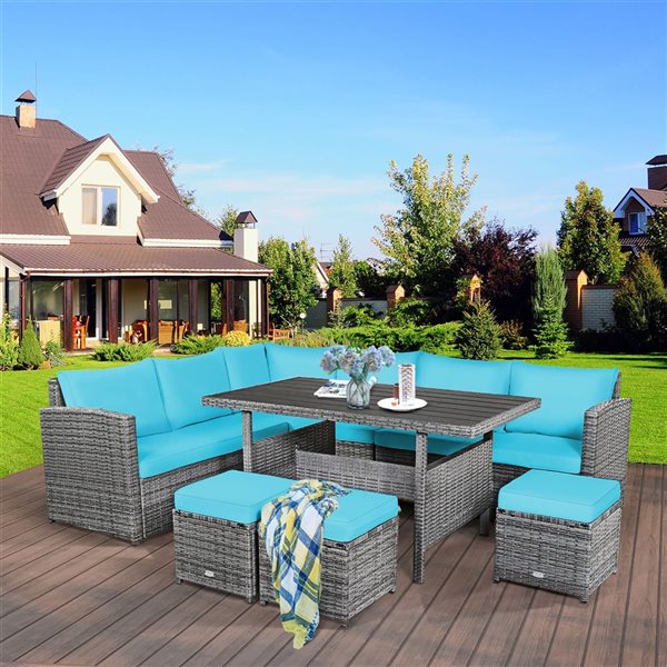 Costway 7-Piece Turquoise Patio Rattan Sectional Sofa Set w/ Table and Ottoman