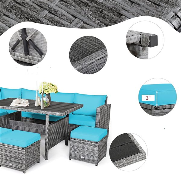 Costway 7-Piece Turquoise Patio Rattan Sectional Sofa Set w/ Table and Ottoman