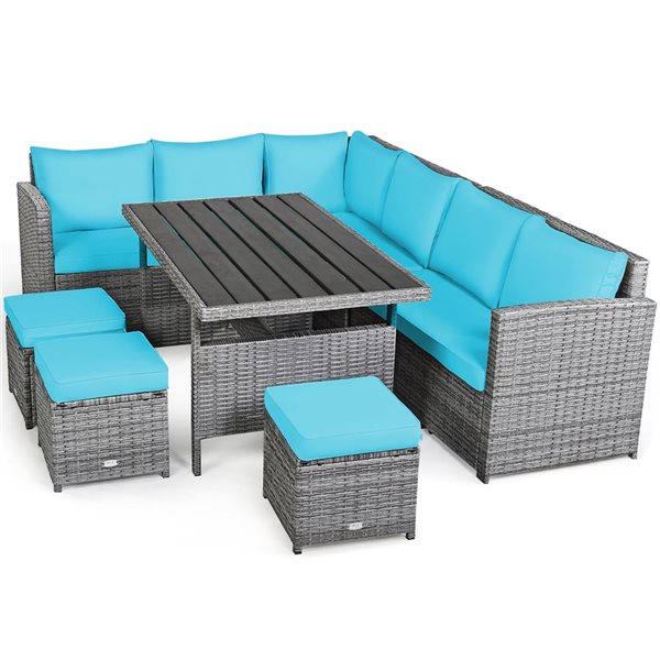 Costway 7-Piece Turquoise Patio Rattan Sectional Sofa Set w/ Table and Ottoman