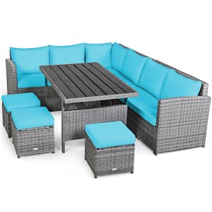 Costway 7-Piece Turquoise Patio Rattan Sectional Sofa Set w/ Table and Ottoman