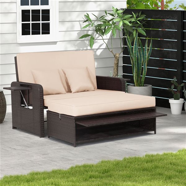 Costway Patio Rattan Beige Loveseat Daybed w/Storage