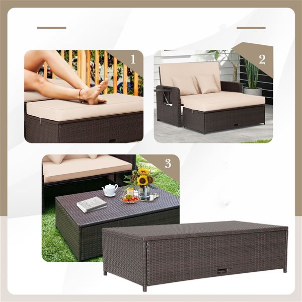 Costway Patio Rattan Beige Loveseat Daybed w/Storage