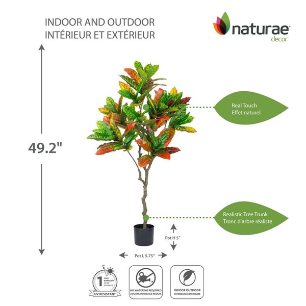 Arbre artificiel croton 49 po h. int./ext. par naturea decor, pot noir