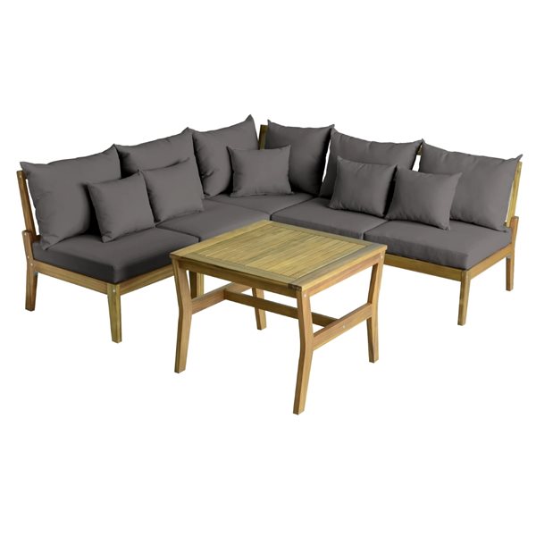 Corriveau Outdoor Furniture Napoli 5-Piece Acacia Wood Outdoor Sectional Furniture Set w/ Grey Cushions