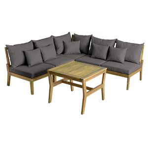 Ensemble modulaire d'extérieur Napoli 5 pièces en bois d'acacia par Corriveau Meubles De Jardin, coussins gris inclus