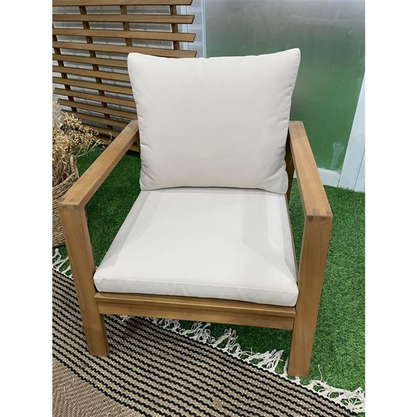 Corriveau Outdoor Furniture Fuji Acacia Wood Armchairs with Beige Cushion - Set of 2