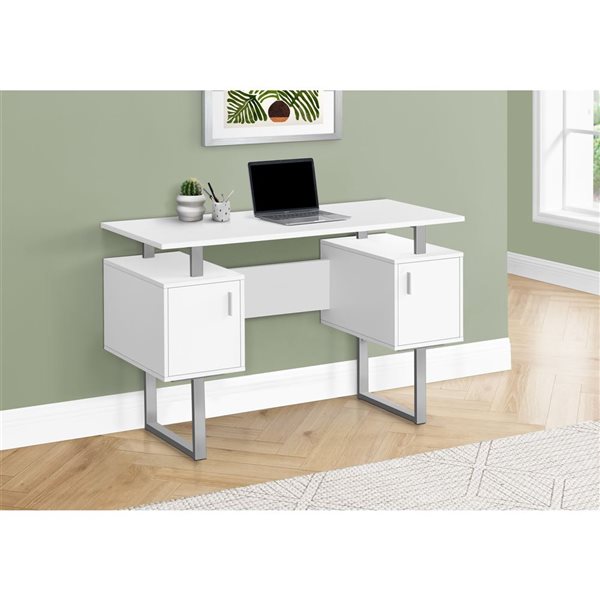 Bureau d'ordinateur contemporain 48 po Monarch Specialties en stratifié blanc avec armoire de rangement