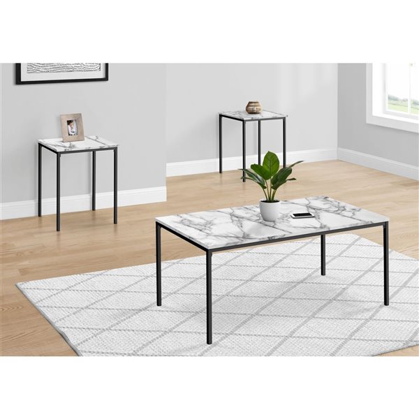 Monarch Specialties 3-Piece White Marble Look Laminate Contemporary Coffee and End Table Set w/ Black Metal Frame