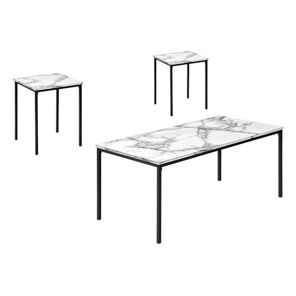 Monarch Specialties 3-Piece White Marble Look Laminate Contemporary Coffee and End Table Set w/ Black Metal Frame