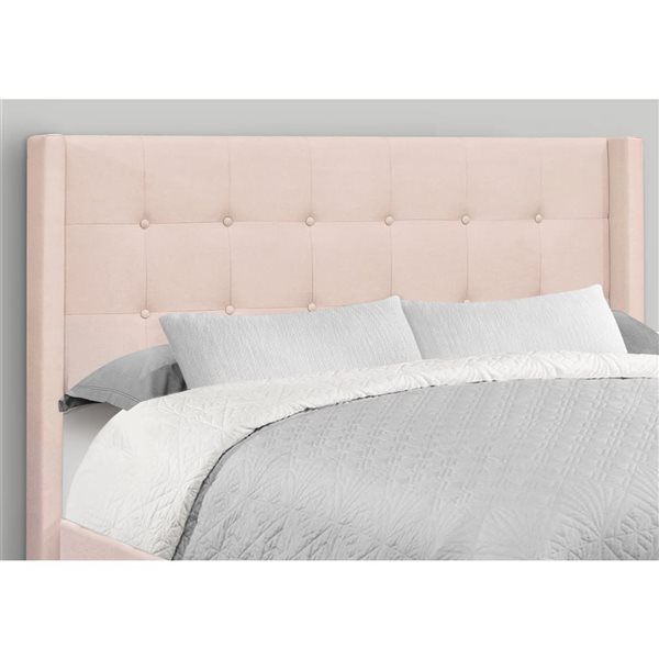 Monarch Specialties Pink Velvet Upholstered Transitional Queen Size Bed w/ Windback Headboard