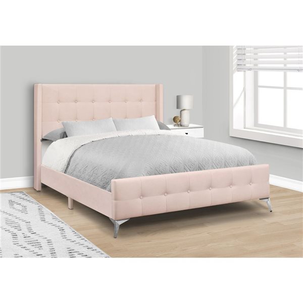 Monarch Specialties Pink Velvet Upholstered Transitional Queen Size Bed w/ Windback Headboard