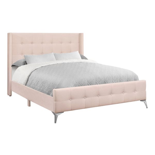 Monarch Specialties Pink Velvet Upholstered Transitional Queen Size Bed w/ Windback Headboard