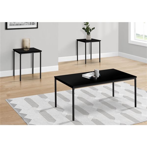 Monarch Specialties 3 Piece Black Laminate Contemporary Coffee and End Table Set w Black Metal Frame