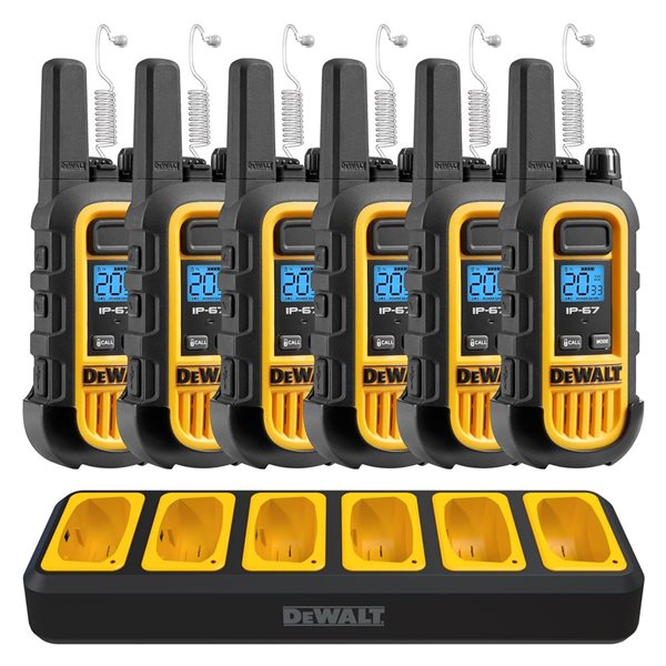 Radios bidirectionneles robustes DEWALT DXFRS800BCH6-SV1 avec chargeur de port et écouteurs de surveillance - 6/paquet