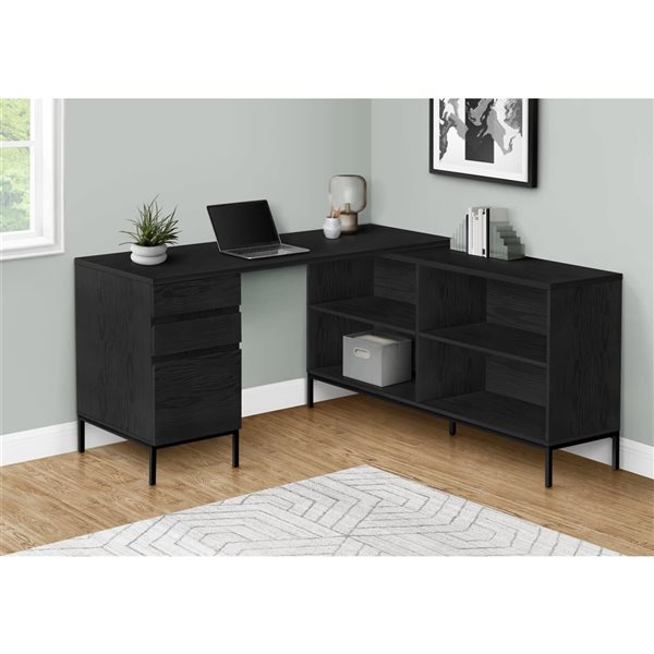 Bureau d'ordinateur 60 po Monarch Specialties en forme de L en stratifié noir avec tiroirs et étagères de rangement