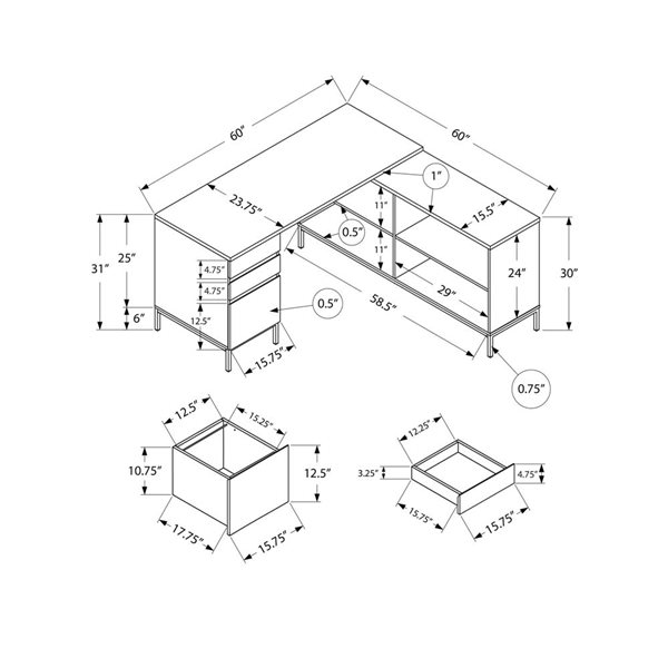 Bureau d'ordinateur 60 po Monarch Specialties en forme de L en stratifié noir avec tiroirs et étagères de rangement