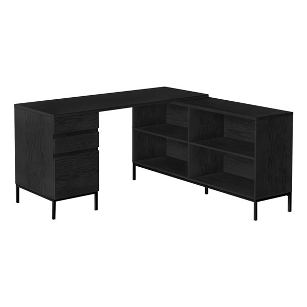 Bureau d'ordinateur 60 po Monarch Specialties en forme de L en stratifié noir avec tiroirs et étagères de rangement