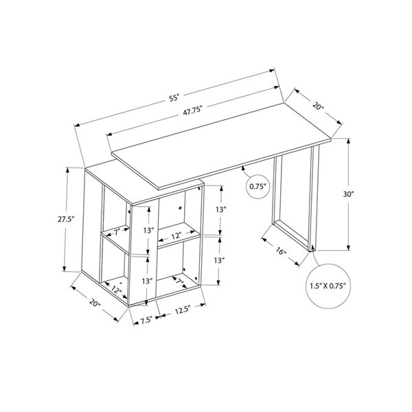 Bureau d'ordinateur contemporain 55 po Monarch Specialties en stratifié blanc avec tablettes de rangement