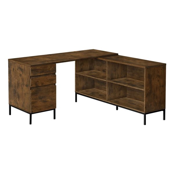 Bureau d'ordinateur de 60 po en forme de L Monarch Specialties en stratifié brun avec tiroirs de rangement et tablettes