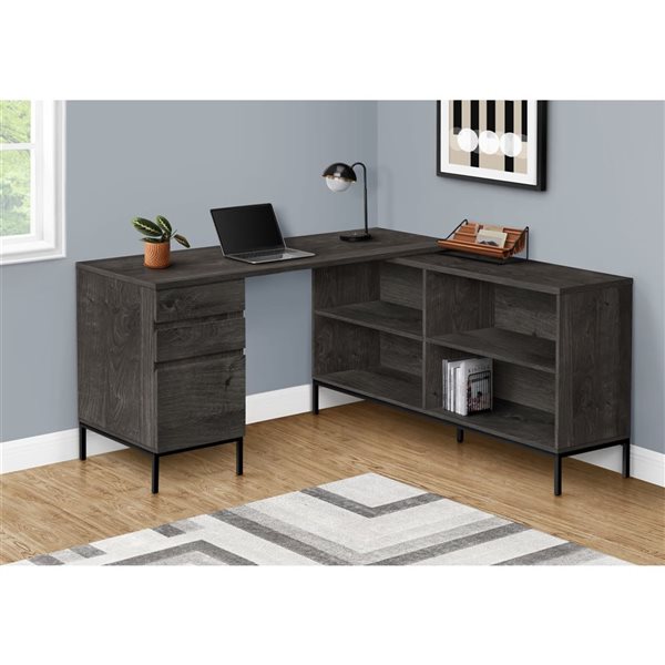 Monarch Specialties 60-in L Shape Grey Laminate Computer Desk w/ Storage Drawers and Shelves