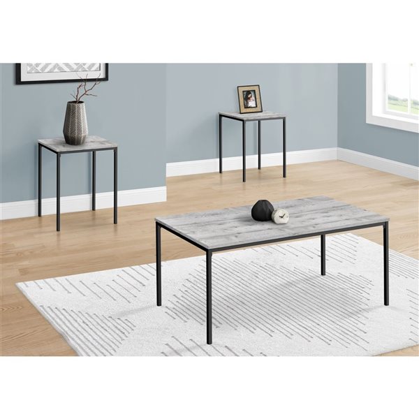 Monarch Specialties 3-Piece Grey Laminate Contemporary Coffee and End Table Set w/ Black Metal Frame