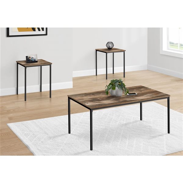 Monarch Specialties 3-Piece Brown Reclaimed Laminate Contemporary Coffee and End Table Set w/ Black Metal Frame