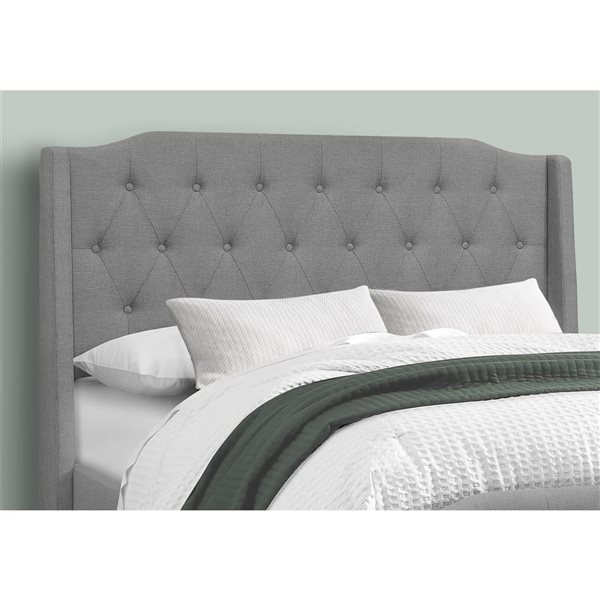 Monarch Specialties Gray Linen Look Upholstered Transitional Queen Size Bed w/ Button Tufting Headboard