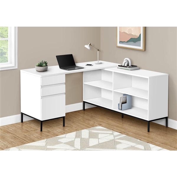 Bureau d'ordinateur 60 po en forme de L Monarch Specialties en stratifié blanc avec tiroirs et étagères de rangement