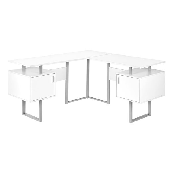 Bureau d'ordinateur contemporain 58 Monarch Specialties en stratifié blanc en forme de L avec armoire de rangement