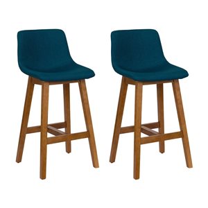 Tabourets de bar 28 po Nora de CorLiving à siège bleu rembourré et pattes en bois, duo