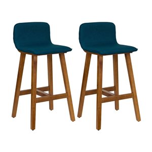 Tabourets de bar 28 po à dossier court Bennet de CorLiving avec siège bleu rembourré et pattes en bois, duo