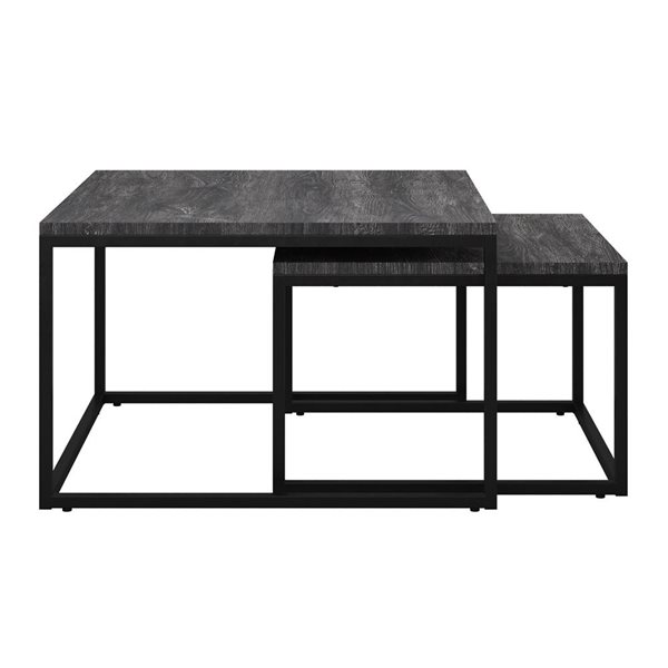 CorLiving Forth Worth Black Faux Wood Grain Finish Square Nesting Coffee Tables with Black Metal Base - Set of 2