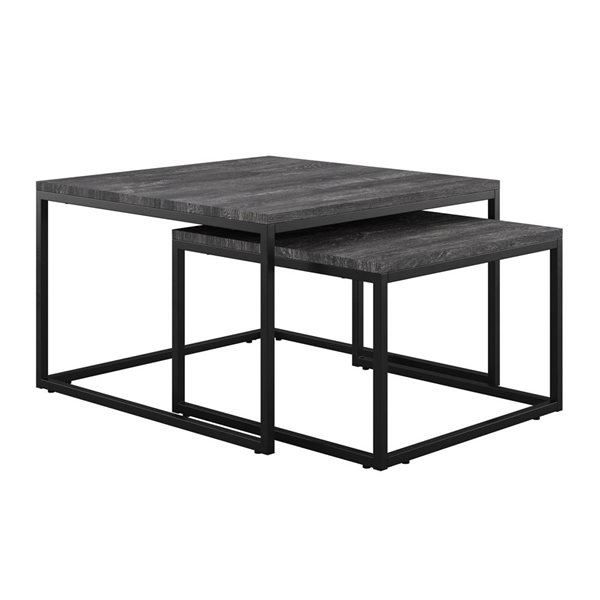 CorLiving Forth Worth Black Faux Wood Grain Finish Square Nesting Coffee Tables with Black Metal Base - Set of 2