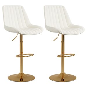 CorLiving Arwen 2-Piece White Faux Leather Adjustable Seat Gold Base Barstool Set