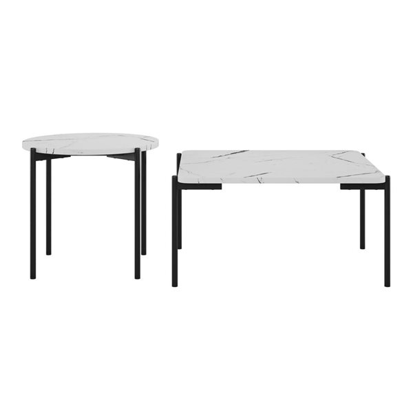 CorLiving Arlo White Faux Marble Coffee and Side Table Set with Black Metal Legs