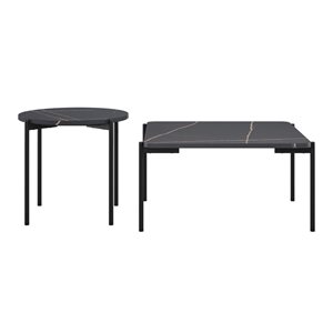 CorLiving Arlo Black Faux Marble Coffee and Side Table Set with Black Metal Legs