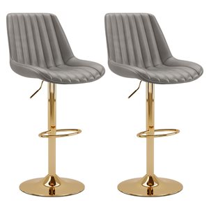Jeu de 2 tabourets de bar Arwen CorLiving à siège en similicuir gris de hauteur réglable à base dorée