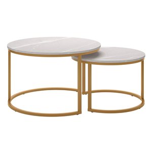 CorLiving Fort Worth White Faux Marble Finish Round Nesting Coffee Tables with Gold Base - Set of 2