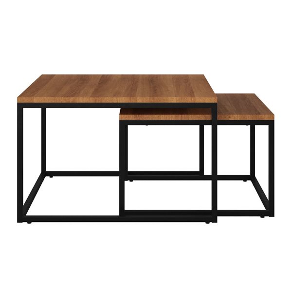 CorLiving Fort Worth Brown Faux Wood Grain Finish Square Nesting Coffee Tables with Black Metal Base - Set of 2