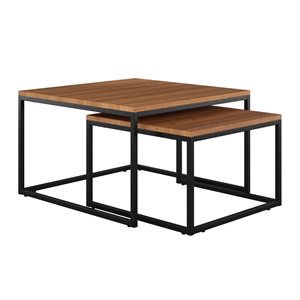 CorLiving Fort Worth Brown Faux Wood Grain Finish Square Nesting Coffee Tables with Black Metal Base - Set of 2