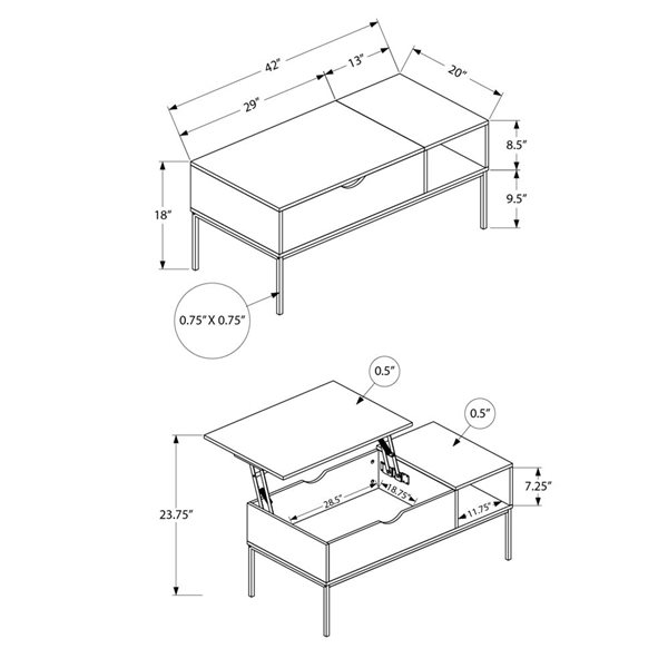 Monarch Specialties 42 x 20-in Dark Taupe and Black Metal Frame Lift-top Coffee Table